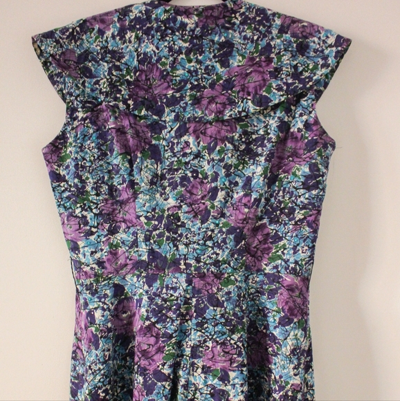 Vintage 1950s Blue & Purple Floral Circle Dress with Rhinestone Accents - Picture 6 of 8